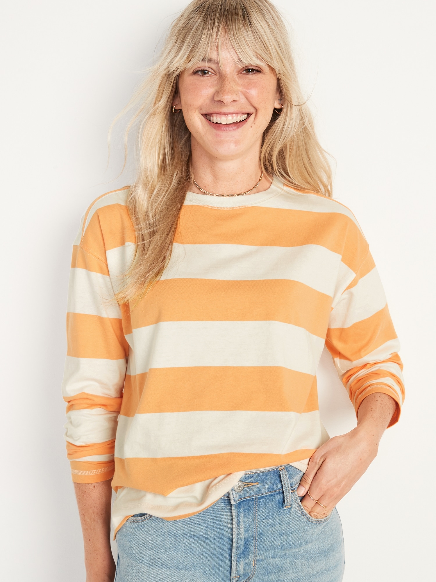 Long-Sleeve Vintage Loose Striped Easy T-Shirt for Women | Old Navy