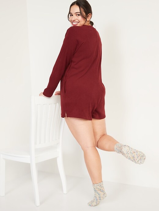 Image number 6 showing, Long-Sleeve Ribbed Button-Down Lounge Romper -- 3-inch inseam