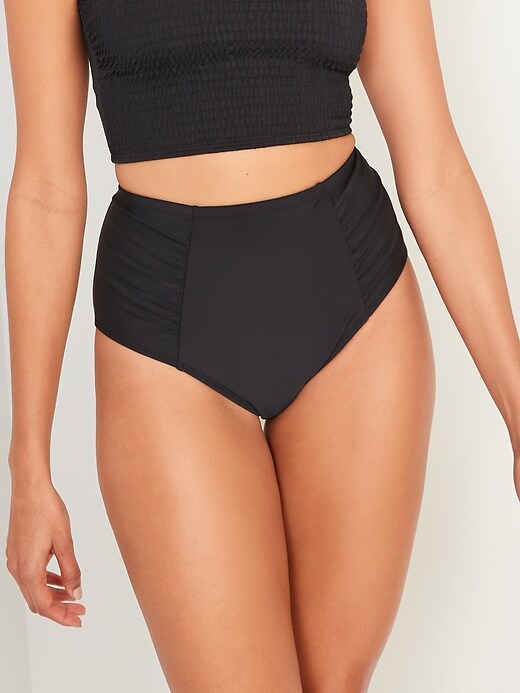 Image number 1 showing, High-Waisted Ruched Bikini Swim Bottoms