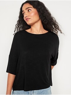 Oversized Elbow-Sleeve Slub-Knit T-Shirt for Women