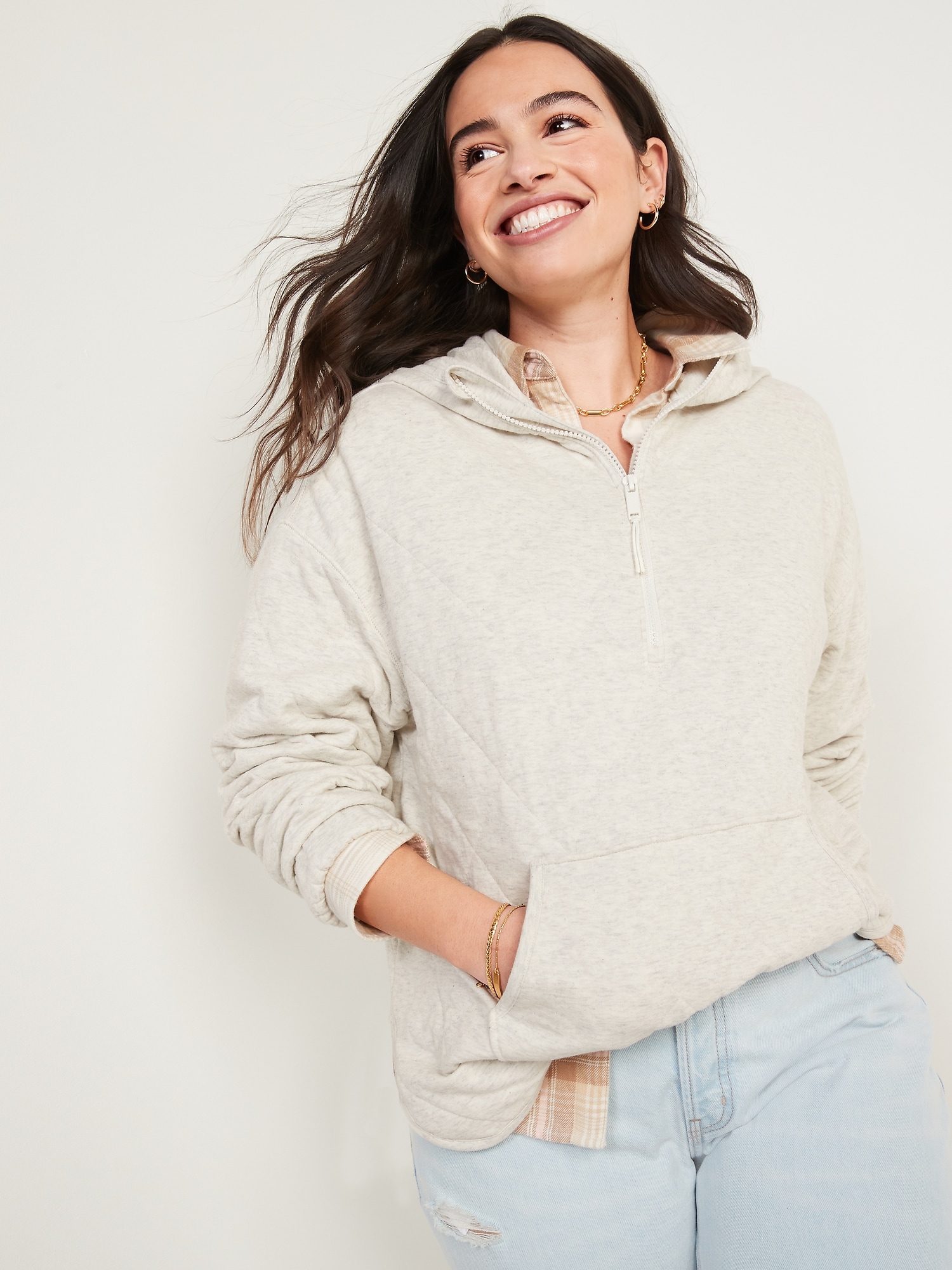 Quilted QuarterZip Tunic Hoodie for Women Old Navy