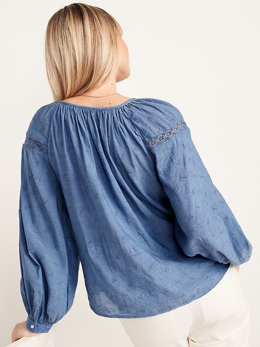 Image number 2 showing, Long-Sleeve Lace-Trimmed Embroidered Chambray Blouse for Women