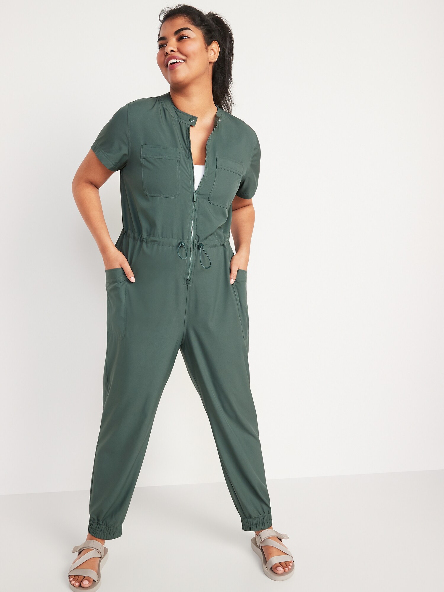 Short-Sleeve StretchTech Collarless Jumpsuit for Women | Old Navy