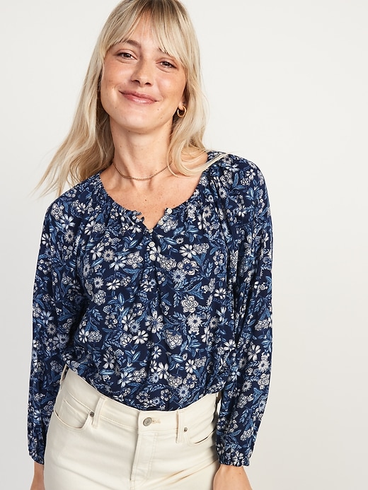 Image number 1 showing, Long-Sleeve Shirred Floral-Print Poet Blouse for Women