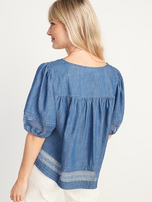 Image number 2 showing, Puff-Sleeve Oversized Lace-Trimmed Chambray Swing Blouse for Women
