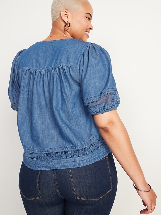 Image number 6 showing, Puff-Sleeve Oversized Lace-Trimmed Chambray Swing Blouse for Women