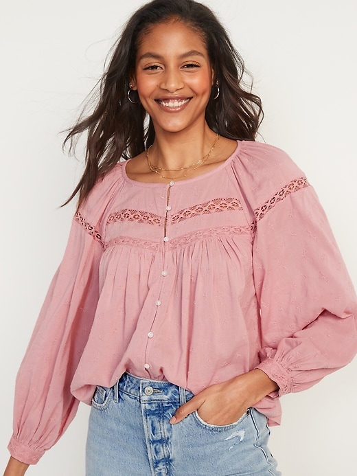 Image number 1 showing, Long-Sleeve Embroidered Lace-Trimmed Blouse for Women