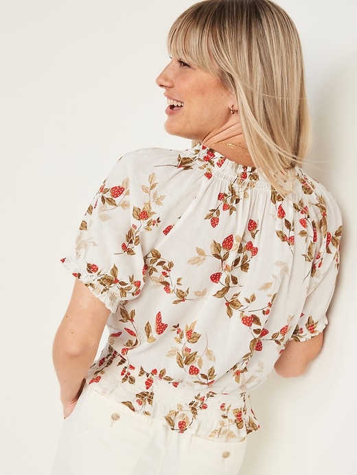 Image number 2 showing, Puff-Sleeve Smocked Printed Blouse for Women