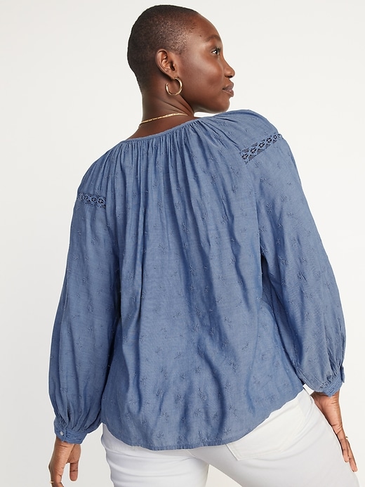 Image number 6 showing, Long-Sleeve Lace-Trimmed Embroidered Chambray Blouse for Women