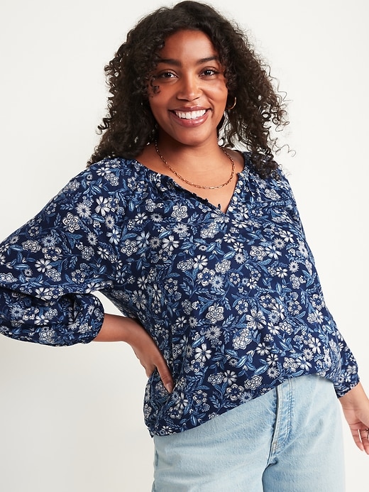 Image number 5 showing, Long-Sleeve Shirred Floral-Print Poet Blouse for Women