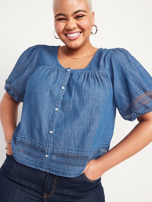 Image number 5 showing, Puff-Sleeve Oversized Lace-Trimmed Chambray Swing Blouse for Women
