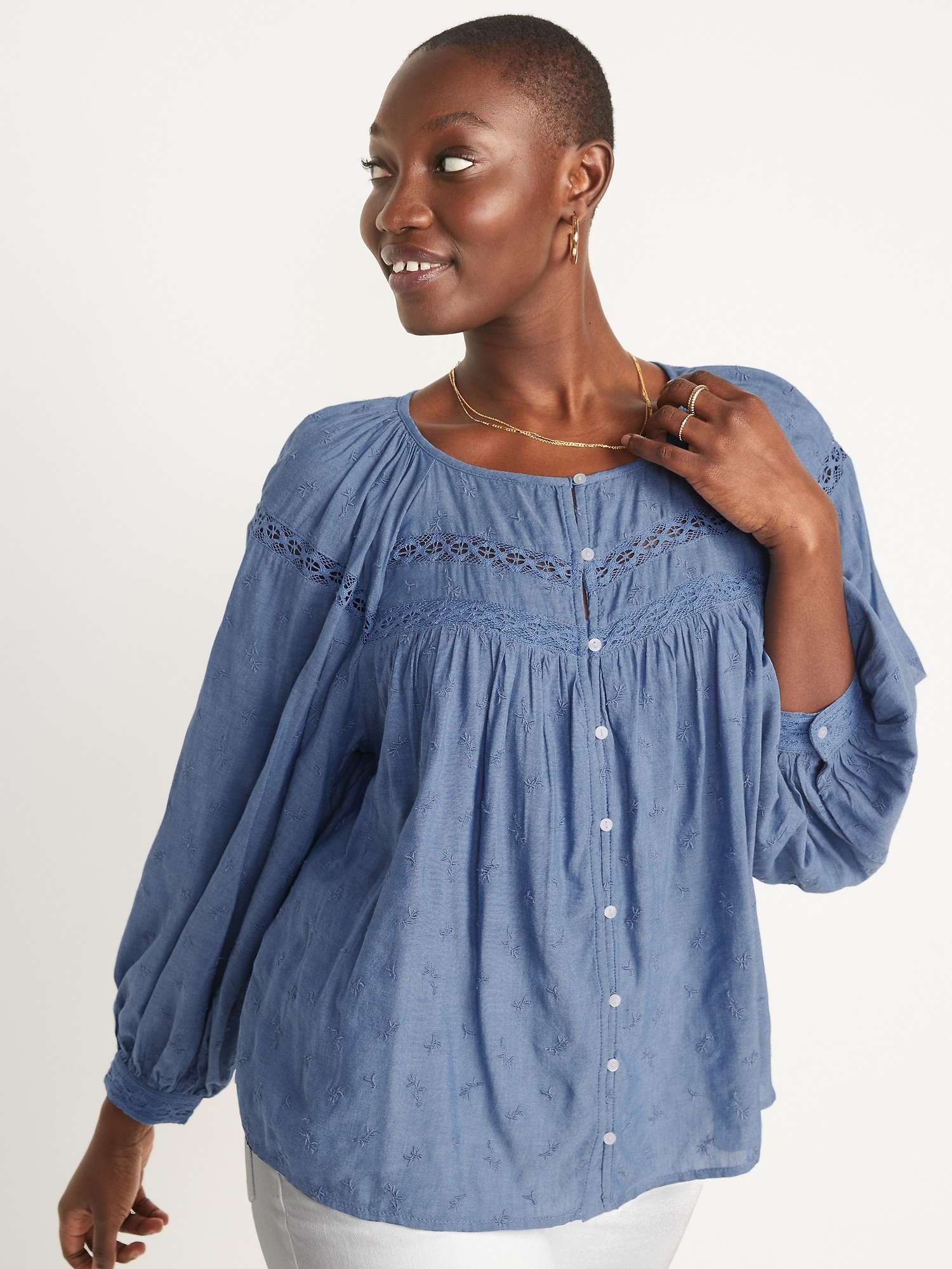 Long-Sleeve Lace-Trimmed Embroidered Chambray Blouse | Old Navy