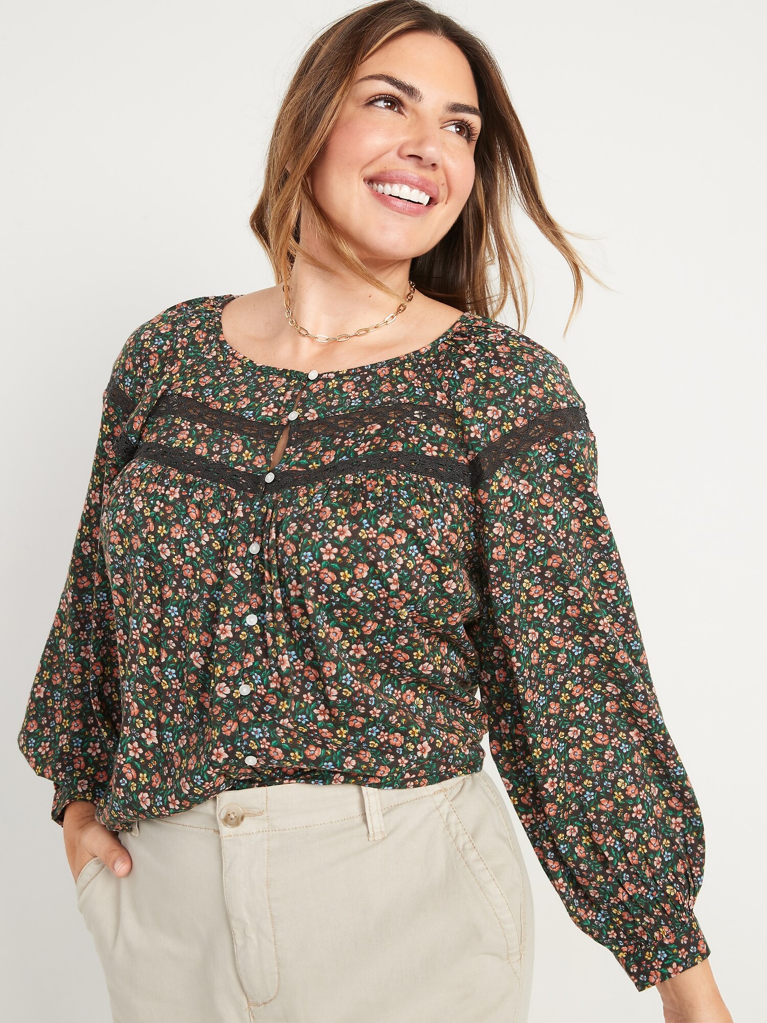Long-Sleeve Lace-Trimmed Floral-Print 