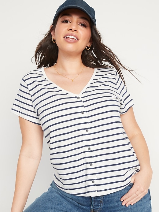 Image number 5 showing, Striped Slub-Knit V-Neck Button-Front Top for Women