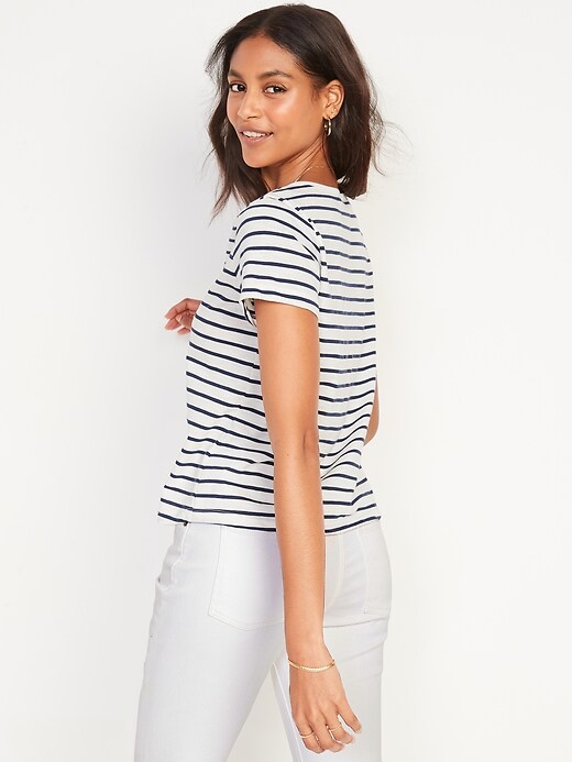 Image number 2 showing, Striped Slub-Knit V-Neck Button-Front Top for Women