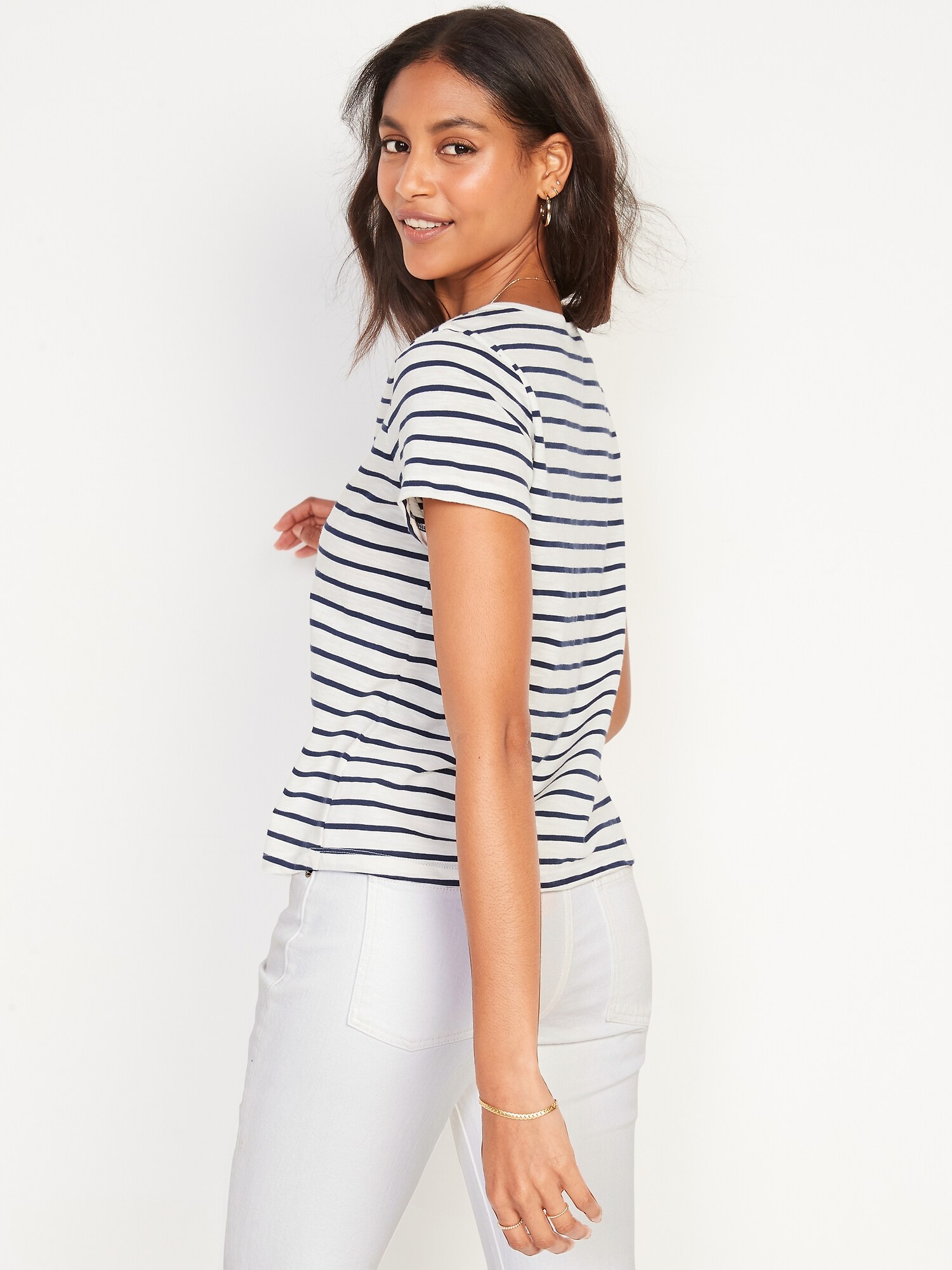 Striped Slub-Knit V-Neck Button-Front 