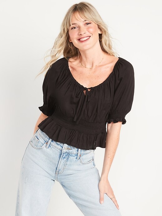 Image number 1 showing, Puff-Sleeve Smocked Poet Blouse for Women