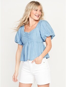 Chambray Puff-Sleeve Waist-Defined Top for Women