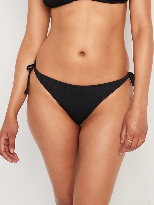 Image number 1 showing, Low-Rise Rib-Knit String Bikini Swim Bottoms