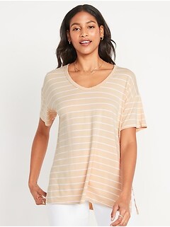 Short-Sleeve Luxe Oversized Scoop-Neck Striped Tunic T-Shirt for Women
