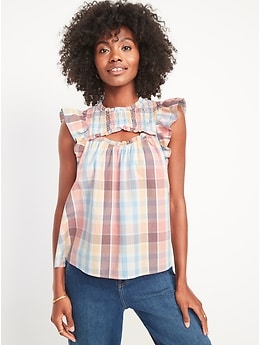 Flutter-Sleeve Plaid Smocked Cutout Swing Blouse for Women