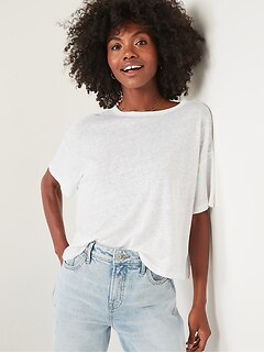Elbow-Sleeve Oversized Linen-Blend T-Shirt for Women