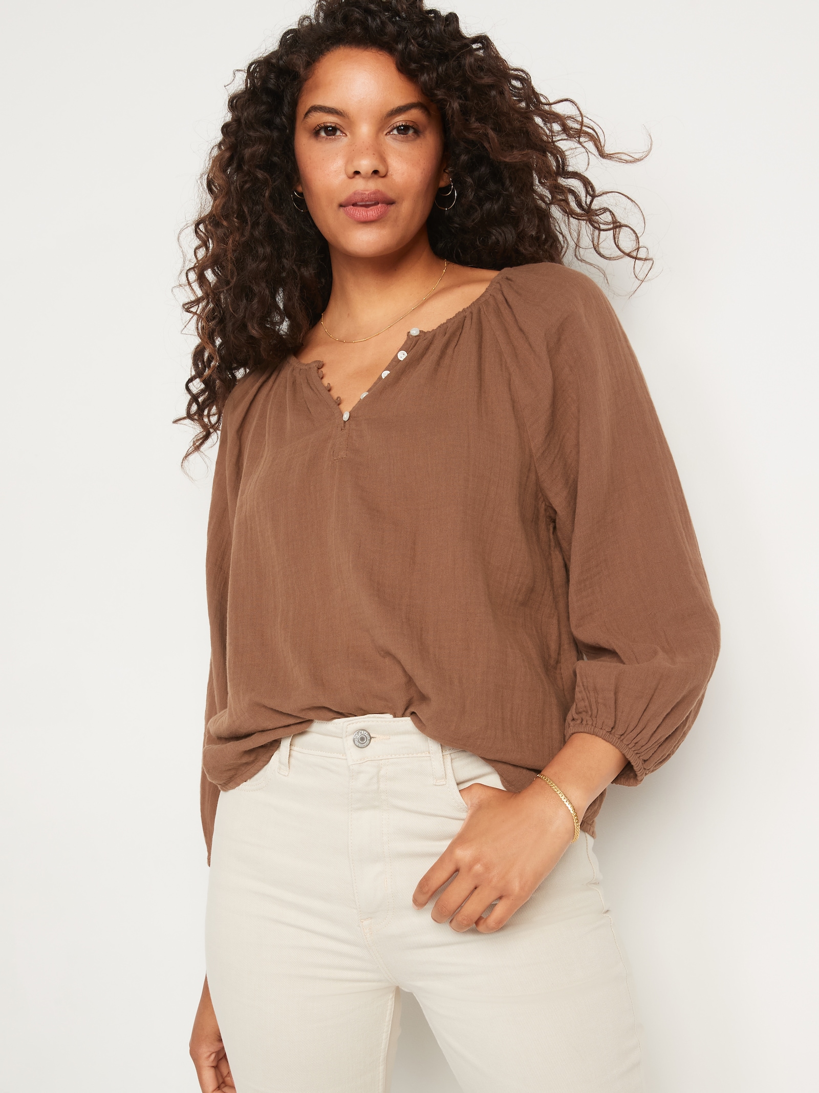 Shirred Double-Weave Long-Sleeve Blouse 