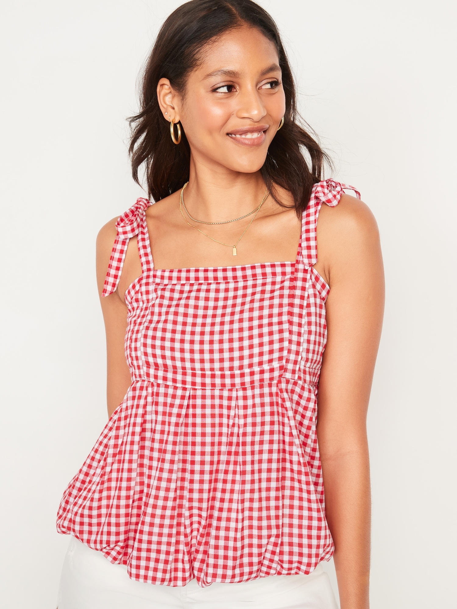 Sleeveless Tie-Shoulder Gingham 