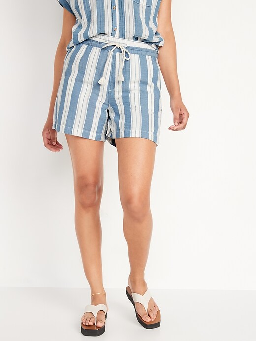 Image number 1 showing, High-Waisted Textured Cotton Pull-On Shorts for Women -- 5-inch inseam