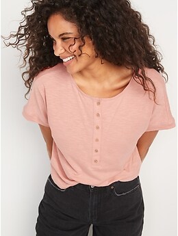 T-shirt henley confort à manches courtes en tricot flammé froissé pour Femme