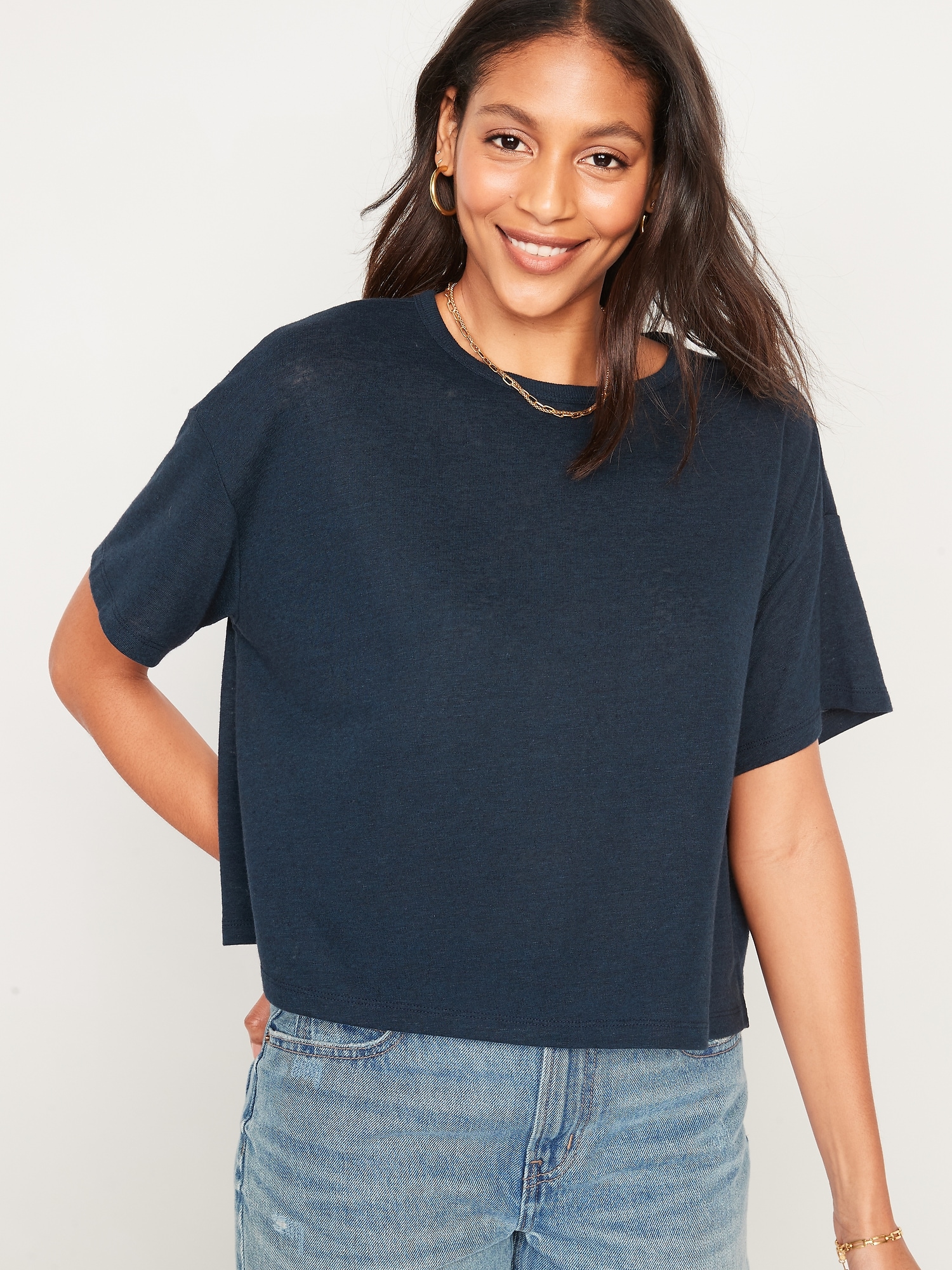 Elbow-Sleeve Oversized Linen-Blend T 
