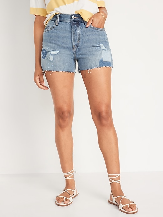 Image number 1 showing, High-Waisted Button-Fly Slouchy Straight Patchwork Cut-Off Non-Stretch Jean Shorts for Women -- 3-inch inseam