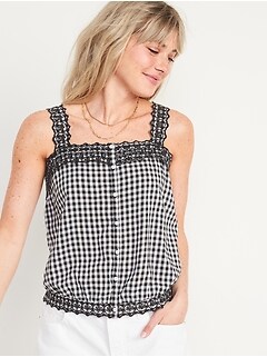 Sleeveless Embroidered Gingham Button-Down Cropped Blouse for Women