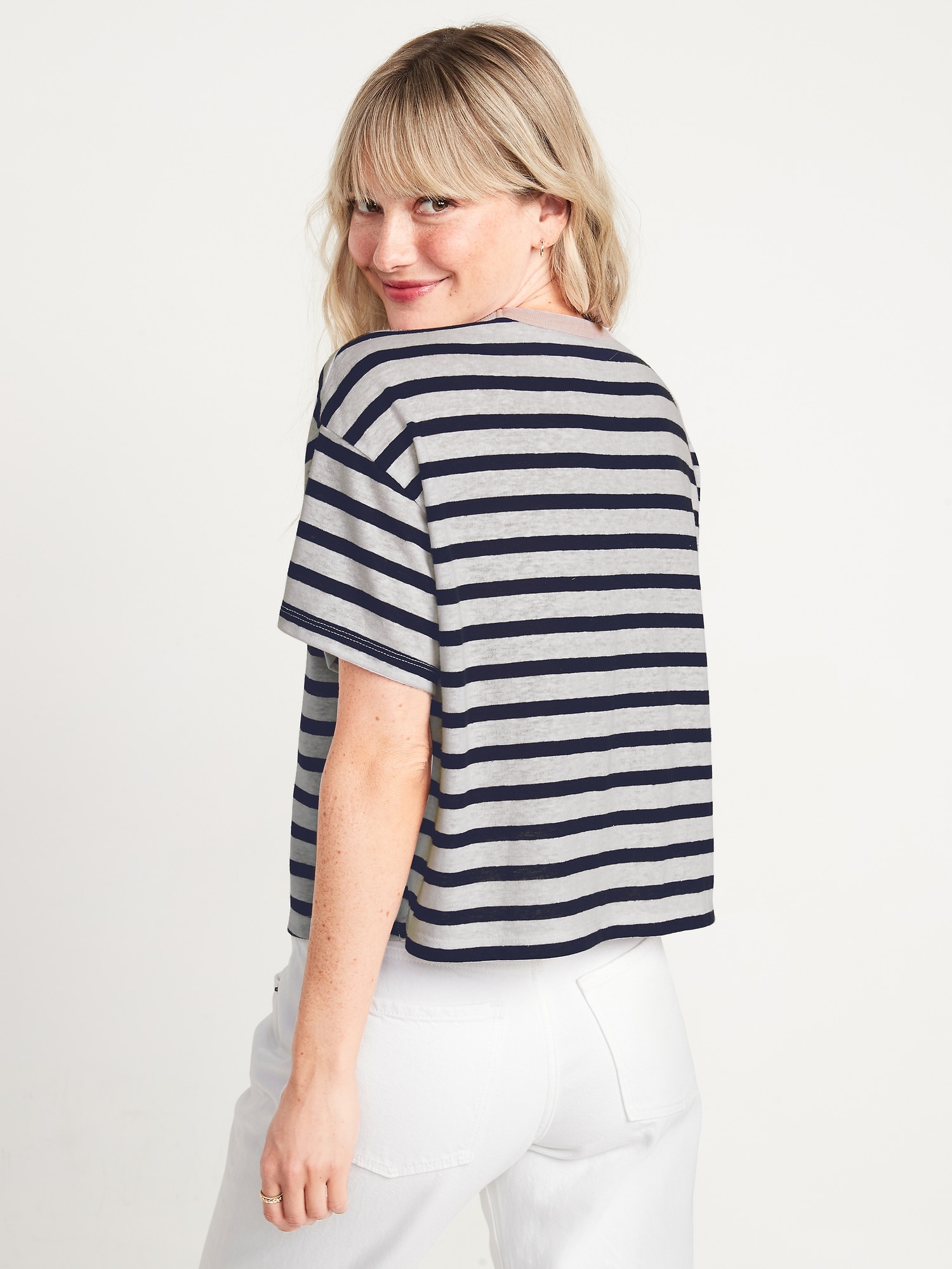 Short-Sleeve Oversized Cropped Striped Linen-Blend T-Shirt for Women ...