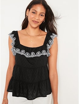 Sleeveless Ruffled Tiered Embroidered Clip-Dot Swing Blouse for Women