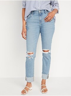 Mid-Rise Ripped Patchwork Boyfriend Jeans for Women