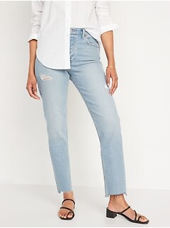 High-Waisted Button-Fly Slouchy Straight Ripped Cut-Off Jeans for Women