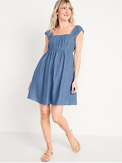 Cap-Sleeve Chambray Cutout Bow-Detailed Mini Swing Dress for Women