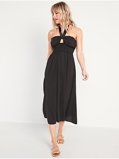 Fit & Flare Smocked Twist-Front Halter Maxi Dress for Women