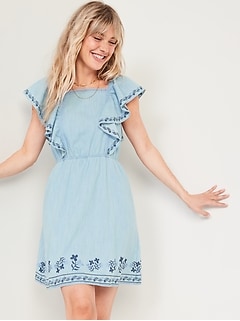 Waist-Defined Flutter-Sleeve Ruffled Jean Mini Dress for Women