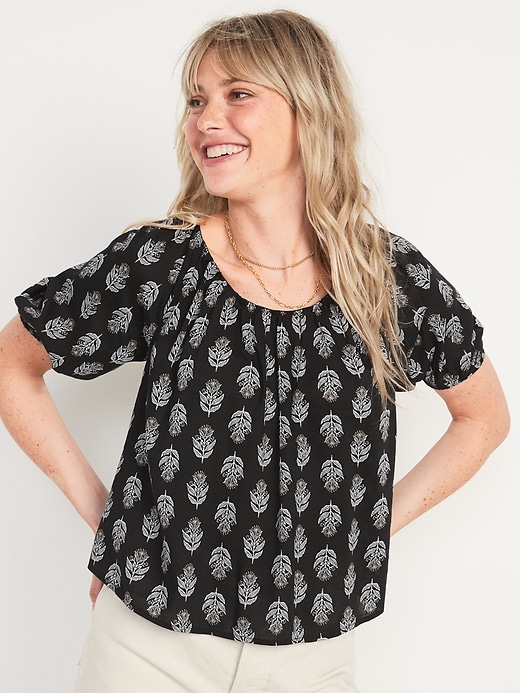 Image number 1 showing, Printed Puff-Sleeve Tie-Back Top for Women