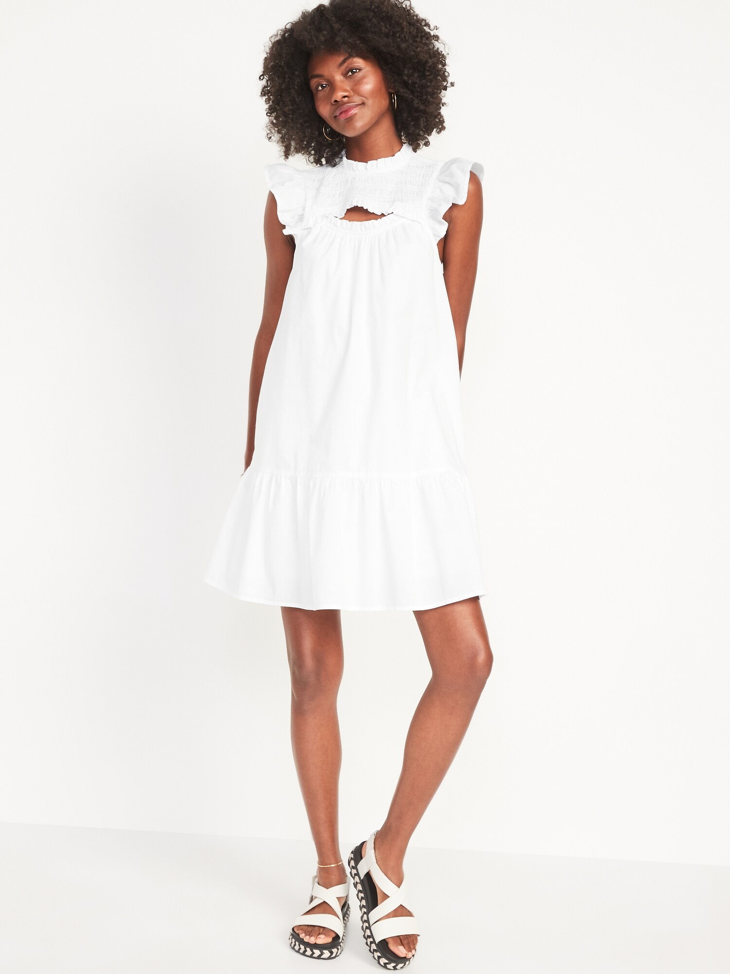 Flutter-Sleeve Cotton-Poplin Smocked 