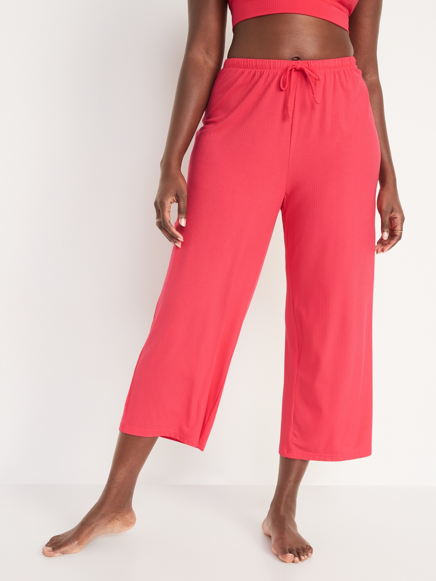 Old Navy Women's Sunday Sleep High-Waisted Cropped Rib-Knit Wide-Leg Lounge Pants Cosmic Rouge Tall Size S