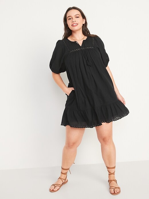 Image number 5 showing, Puff-Sleeve Tie-Neck Eyelet Mini Swing Dress for Women