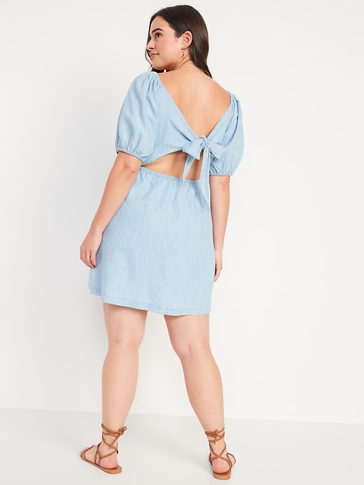 Image number 6 showing, Puff-Sleeve Tie-Back Chambray Swing Dress for Women