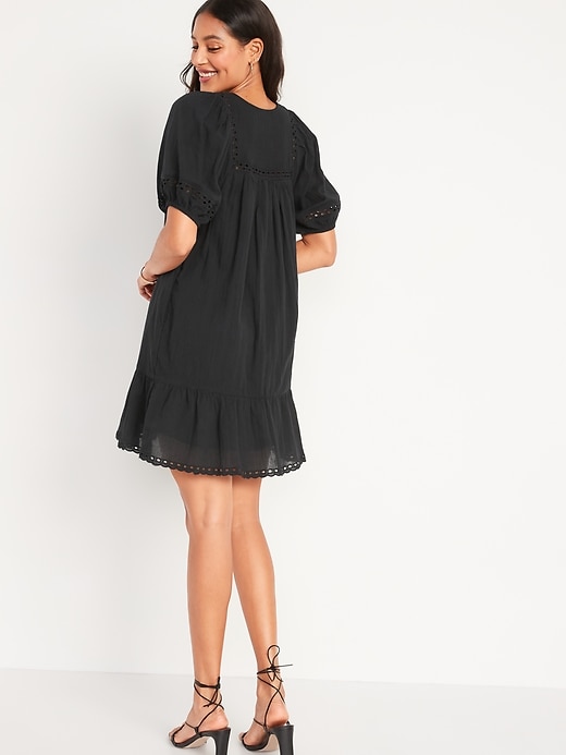 Image number 2 showing, Puff-Sleeve Tie-Neck Eyelet Mini Swing Dress for Women