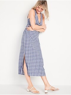 Sleeveless Linen-Blend Smocked Tie-Back Printed Maxi Shift Dress for Women