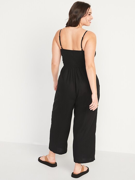 Image number 6 showing, Cropped Knotted Cutout Smocked Linen-Blend Wide-Leg Jumpsuit for Women