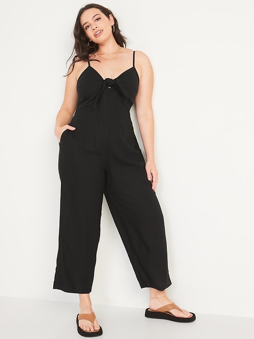 Image number 5 showing, Cropped Knotted Cutout Smocked Linen-Blend Wide-Leg Jumpsuit for Women