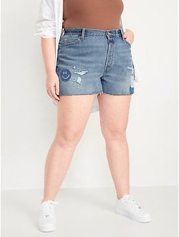 High-Waisted Button-Fly Slouchy Straight Patchwork Cut-Off Non-Stretch Jean Shorts for Women -- 3-inch inseam